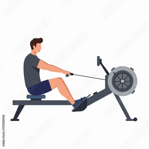 Man working out on a rowing machine doing cardiovascular exercise.