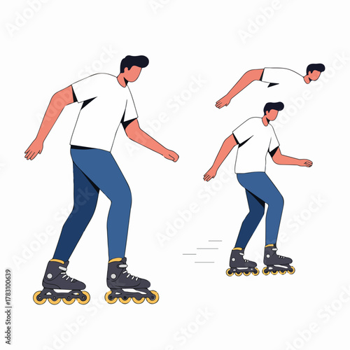 Man inline skating illustration. Rollerblader in motion wearing white shirt and blue pants.