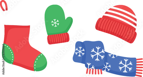 Festive holiday winter accessories stocking hat mittens scarf snowflakes for Christmas and New Year celebrations