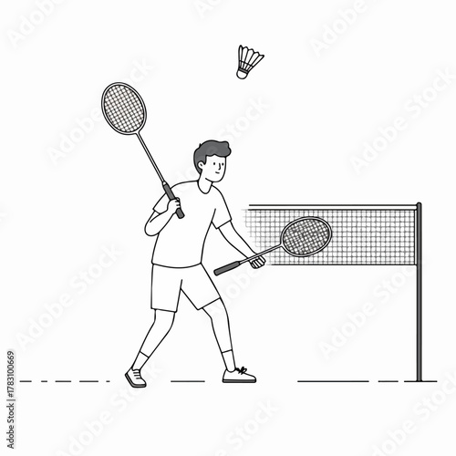 Monochrome illustration of a badminton player serving or spiking the shuttlecock over the court net, depicting sports and competition.