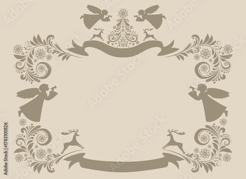 Angels and Christmas tree. Xmas frame, border, banner. Merry Christmas greeting card design. Christian Good News. Catholic, Orthodox, Protestant postcard. vector Illustration