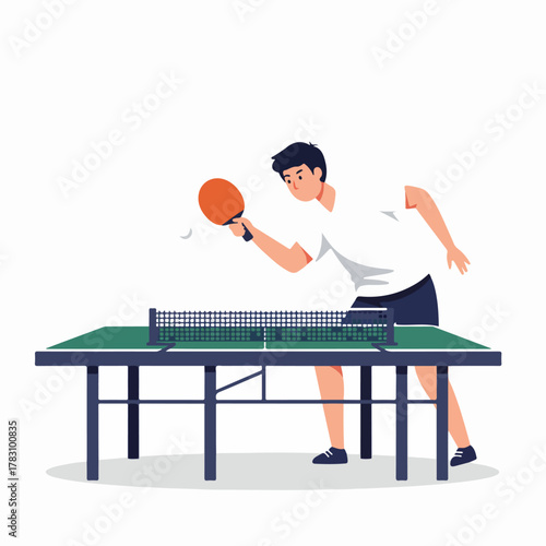 Young man playing table tennis, ready to hit the ball during a competitive match or indoor recreational game. Vector illustration.
