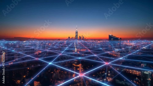 Cityscape with Network Lines at Sunset: A mesmerizing view of a sprawling cityscape, interwoven with a luminous network of digital lines, all under the vibrant hues of a setting sun.