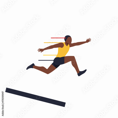 Dynamic flat vector illustration of an African American track and field athlete mid-air during a long jump or hurdle, showcasing speed and athleticism.