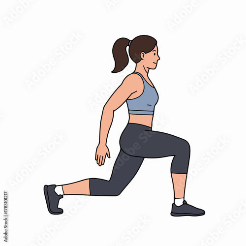 Sporty woman doing a lunge exercise, focused on fitness training and leg strength, isolated vector illustration.