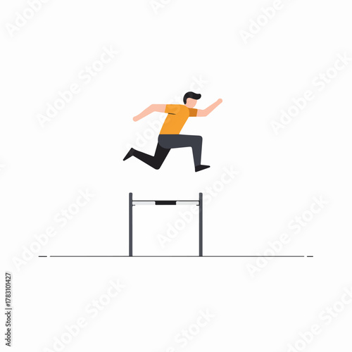 Minimalist illustration of a man clearing a hurdle, symbolizing challenge, success, and overcoming obstacles in a race or business competition.