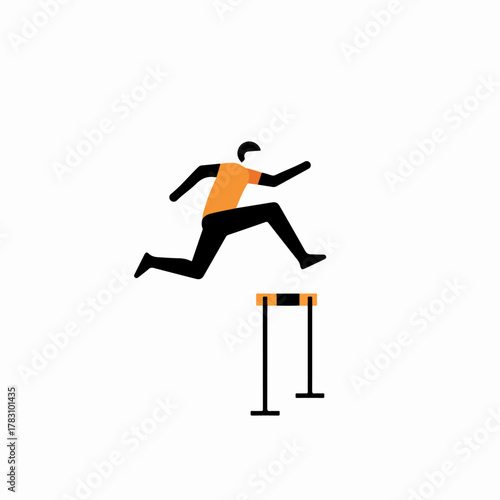Minimalist graphic icon of a person running and jumping over a hurdle, symbolizing obstacle overcoming, challenge, and athletic achievement.