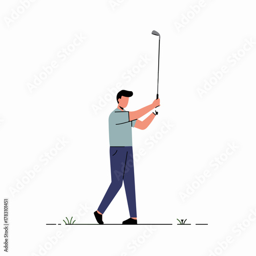 Minimalist illustration of a man playing golf, executing a powerful backswing or follow-through with a club.