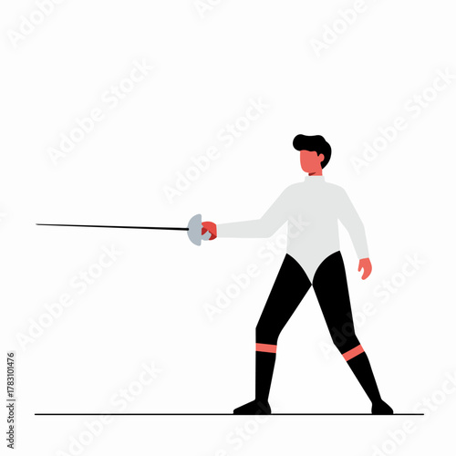 Fencer in attack position holding a foil weapon. Modern flat vector illustration of competitive sword fighting sport.