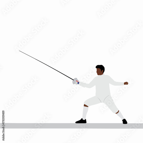 Minimalist illustration of a Black male fencer in a lunge position, holding an epee, isolated on a white background.