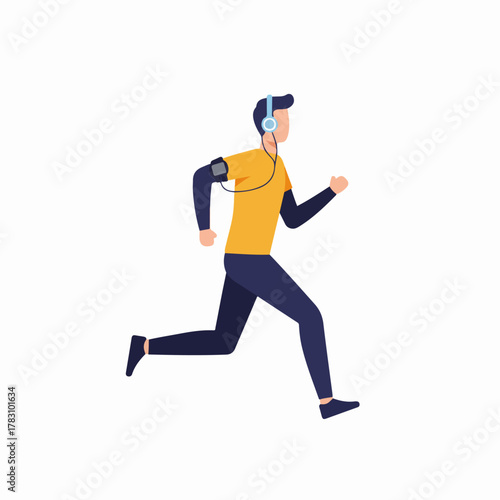 Flat illustration of a man jogging while listening to music with headphones and using an armband phone holder.