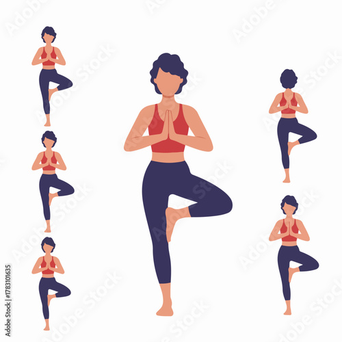 Woman performing Vrikshasana (Tree Pose) yoga exercise, repeated pattern illustration for fitness, meditation, balance, and healthy lifestyle.