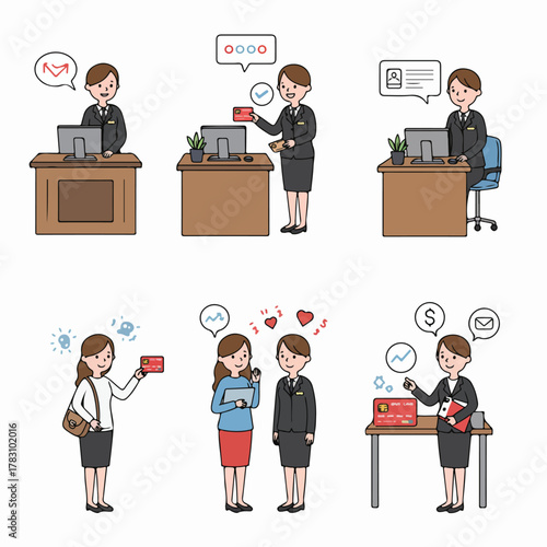 Hand-drawn style illustration set depicting female bank employees and customers using credit cards and digital services in various office settings.