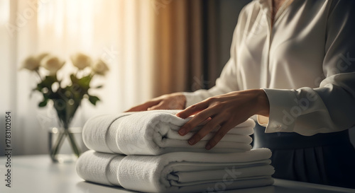Hotel housekeeping service: Hands placing fresh, soft white towels, emphasizing luxury and comfort.