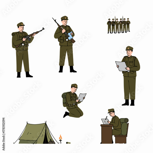 Military Life Vector Set: Soldiers performing duty, training, reading maps, cleaning weapons, standing in formation, and camping illustrations.