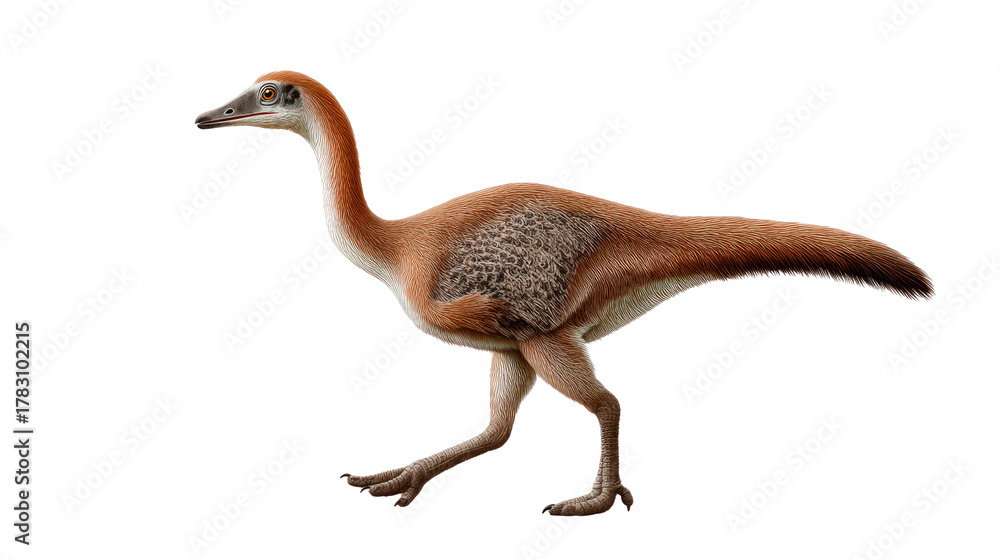 Fototapeta premium Gallimimus: A detailed depiction of a Gallimimus, a unique and swift dinosaur species, walking, showcasing its sleek form and characteristics, ideal for educational or creative projects.