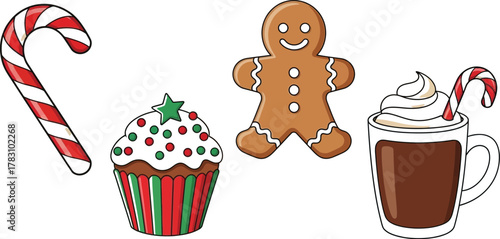 Festive Christmas treats candy cane gingerbread man cupcake and hot chocolate delight