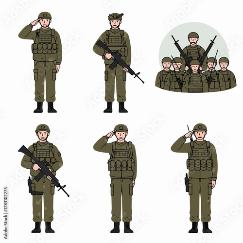 Illustrated set of army soldiers in uniform performing various military actions and poses, including saluting, standing guard, and holding assault rifles.