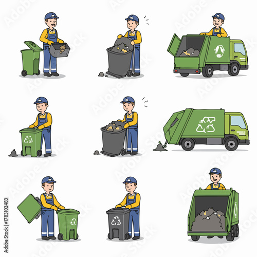 Sanitation worker set of cartoon illustrations showing waste collection, recycling, emptying trash bins, and operating a green garbage truck.