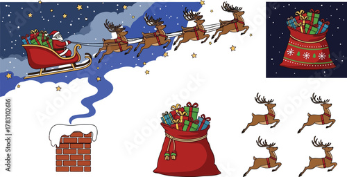 Santa claus with reindeer sleigh and gifts on christmas night