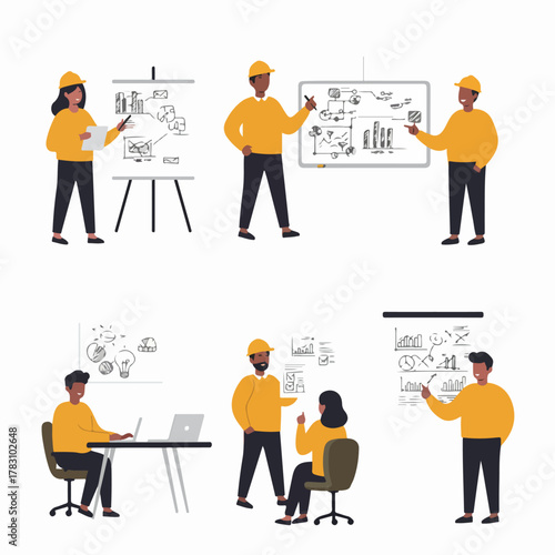 Diverse professionals presenting data, analyzing charts, and collaborating on technical project plans in a set of modern vector illustrations.