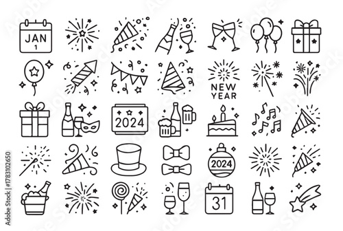 New Year's Eve Line Icon Set: Celebration, Party, Fireworks, and Countdown Symbols. Editable Stroke Vector