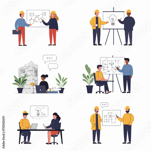 Collaborative engineering and architecture team planning projects, brainstorming ideas, and reviewing technical drawings in various professional settings.