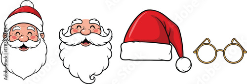 Cartoon santa claus faces hats and glasses on white background