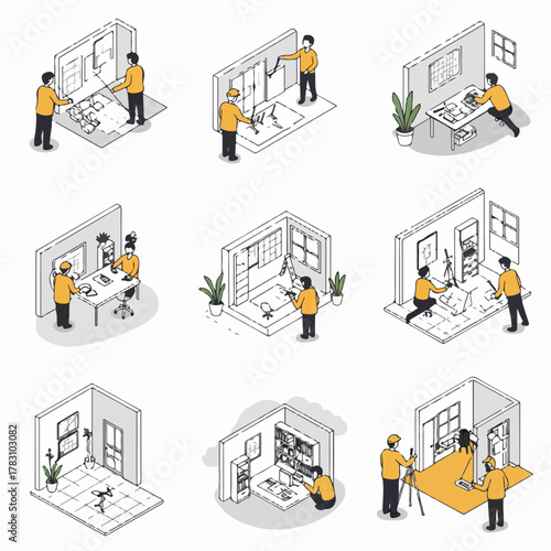 Interior design and home renovation isometric illustration set, showing planning, construction, and professional staging processes.