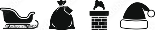 Icons of santa sleigh sack chimney and hat on white background