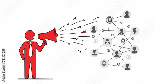 Red figure with megaphone broadcasting to social network connections.