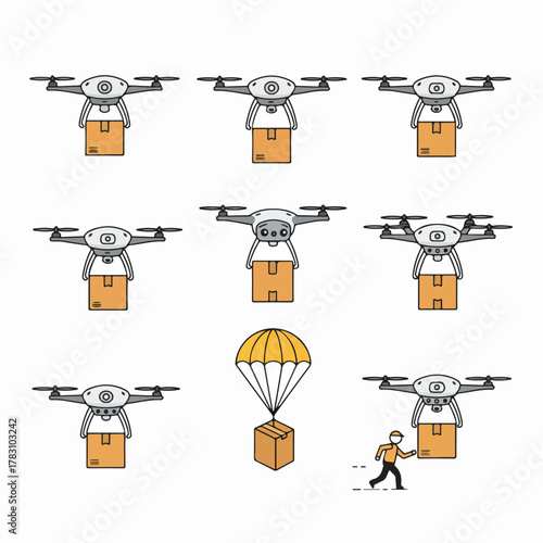 Drone delivery logistics pattern illustration featuring multiple UAVs transporting packages, automated shipping, and last-mile service concepts.