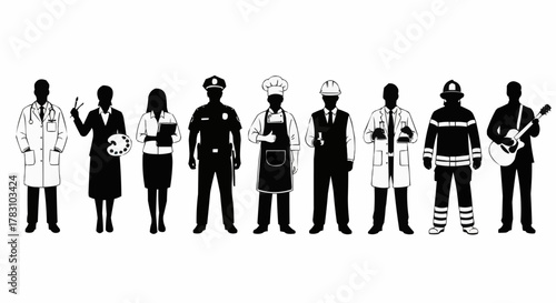 Diverse Group of Professional Silhouettes Representing Various Occupations and Careers.
