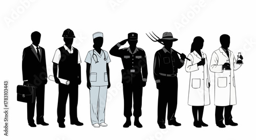 Diverse professions represented by silhouettes of people in various uniforms and attire.