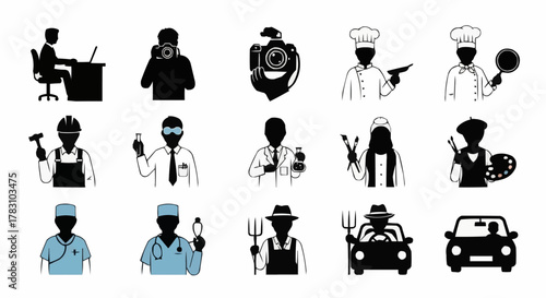 Diverse collection of professional occupation and job silhouettes.