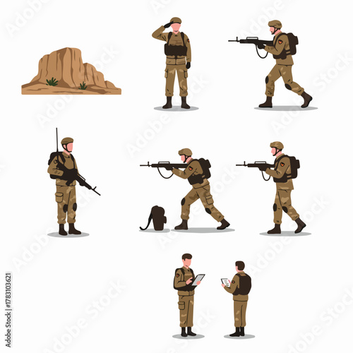 Desert Military Soldier Vector Set: Army personnel in camouflage uniform, including actions like saluting, aiming, patrolling, and command communication.