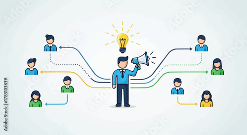 Man with megaphone sharing ideas to diverse group of people.