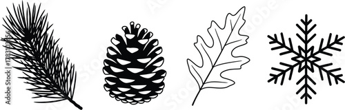 Illustration of pine branch cone leaf and snowflake in black