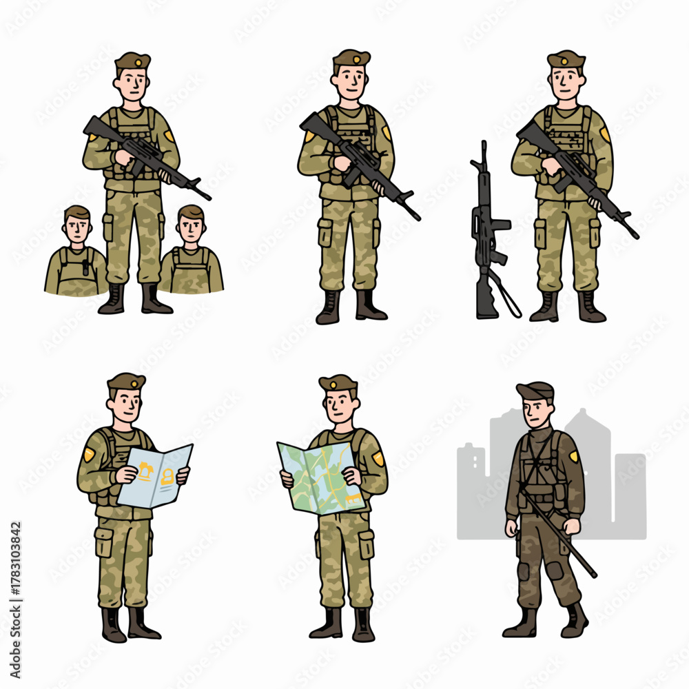 Fototapeta premium Set of Cartoon Soldier Characters: Military Personnel in Camouflage Uniform Holding Rifles, Maps, and Performing Various Duties.