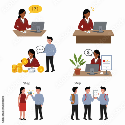 Business process steps illustration set featuring customer service, financial transactions, negotiation, and professional communication workflow.