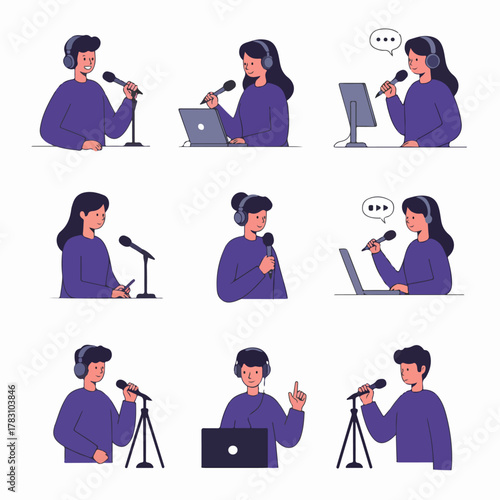 Set of Character Illustrations for Podcast, Radio, and Broadcasting. People creating digital content, speaking into microphones, and wearing headphones.