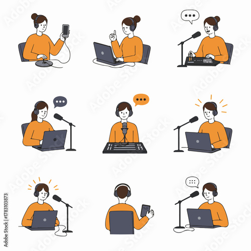 Podcast and Content Creation Illustration Set. Various icons showing people using microphones, headphones, laptops, and mixers for broadcasting, streaming, and online communication.