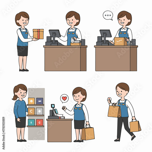 Retail store employee interactions set: cashier processing purchases, handling packages, and providing customer service during shopping transactions.