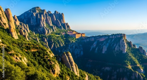 Scenic view of the montserrat mountain range in catalonia, spain, with its unique rock formations and the santa maria de montserrat abbey perched on the mountainside under a clear blue sky