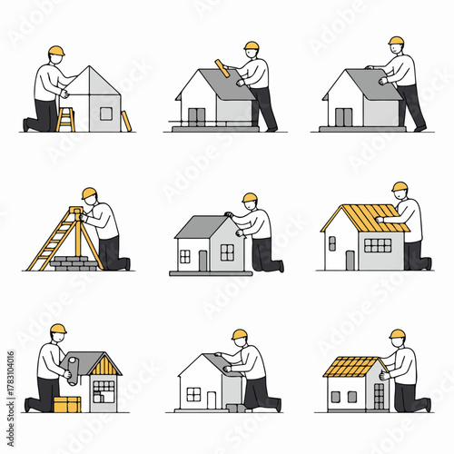 Nine stages of house construction and renovation illustrated by a worker building a residential property.