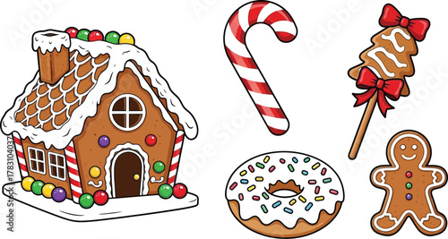 Illustration of gingerbread house and assorted christmas sweets