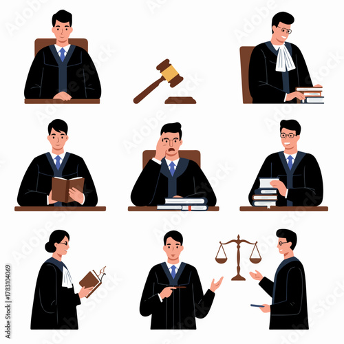 Collection of Judges and Lawyers Characters in Robes. Flat vector illustrations representing legal professions, court processes, and justice symbols.