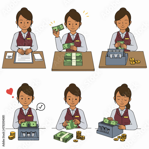Financial transactions illustration set: Woman bank teller counting cash, managing money, and using a currency counter machine.
