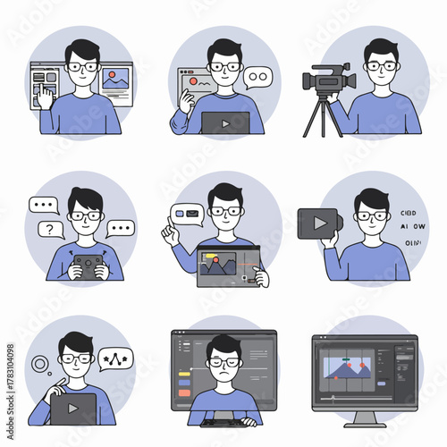 Linear icons depicting a video editor, web developer, and content creator workflow, spanning filming, editing, and digital communication.