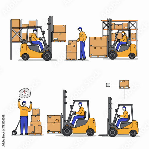 Set of illustrations showing logistics operations, including forklift drivers loading and stacking boxes in a busy warehouse environment.